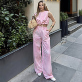 Striped Sleeveless Top and Slim-fit Trousers Set